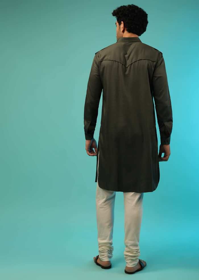 Dusty Olive Nehru Jacket And Olive Kurta Set With Patola Printed Jaal