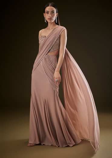 Dusty Pink Fishcut Drape Saree With Embellished Corset Blouse