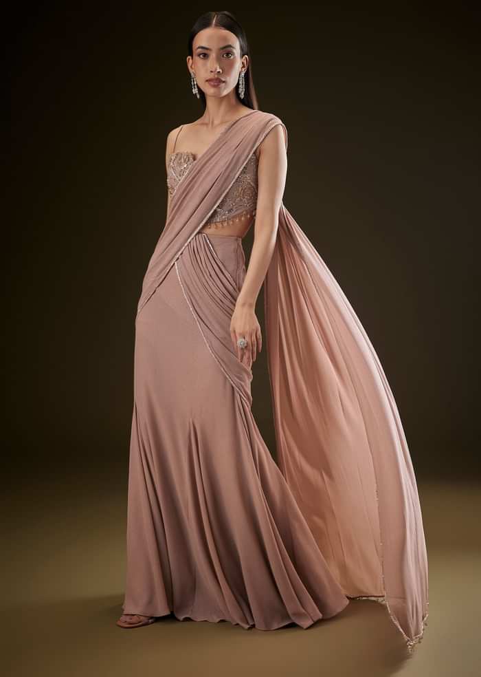 Dusty Pink Fishcut Drape Saree With Embellished Corset Blouse