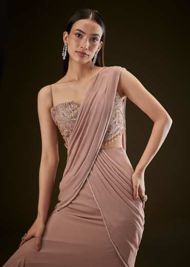 Dusty Pink Fishcut Drape Saree With Embellished Corset Blouse