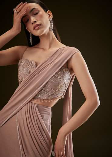 Dusty Pink Fishcut Drape Saree With Embellished Corset Blouse