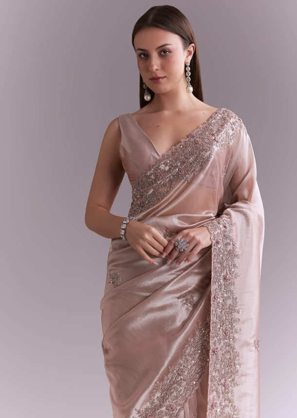Dusty Pink Tissue Saree With Floral Butti Embroidery Dusty Pink Tissue Saree With Floral Butti Embroidery