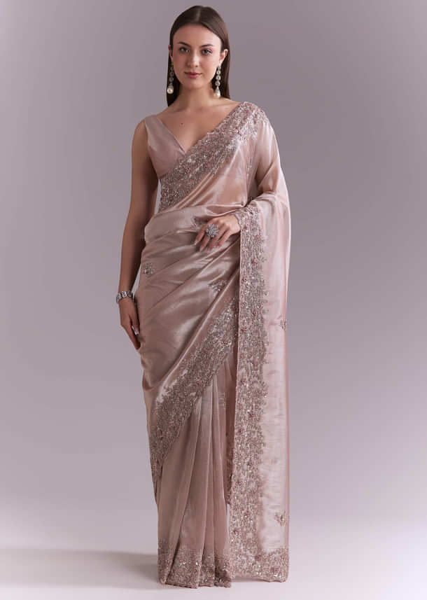 Dusty Pink Tissue Saree With Floral Butti Embroidery Dusty Pink Tissue Saree With Floral Butti Embroidery