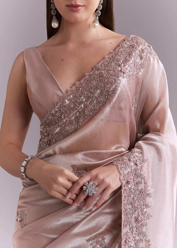 Dusty Pink Tissue Saree With Floral Butti Embroidery Dusty Pink Tissue Saree With Floral Butti Embroidery