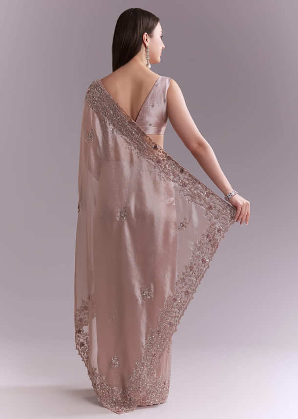 Dusty Pink Tissue Saree With Floral Butti Embroidery Dusty Pink Tissue Saree With Floral Butti Embroidery