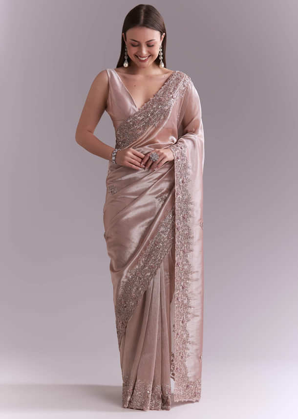 Dusty Pink Tissue Saree With Floral Butti Embroidery Dusty Pink Tissue Saree With Floral Butti Embroidery
