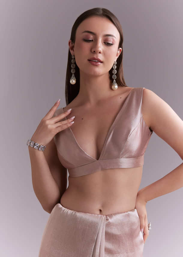 Dusty Pink Tissue Saree With Floral Butti Embroidery Dusty Pink Tissue Saree With Floral Butti Embroidery