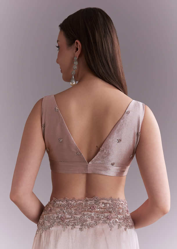 Dusty Pink Tissue Saree With Floral Butti Embroidery Dusty Pink Tissue Saree With Floral Butti Embroidery