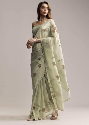 Dusty Pista Green Tissue Saree With Floral Embroidery