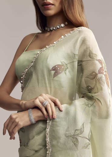 Dusty Pista Green Tissue Saree With Floral Embroidery