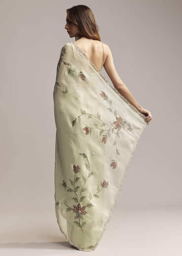 Dusty Pista Green Tissue Saree With Floral Embroidery