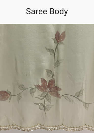 Dusty Pista Green Tissue Saree With Floral Embroidery