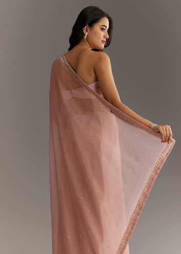 Dusty Rose Cutdana And Stone Embroidered Tissue Saree