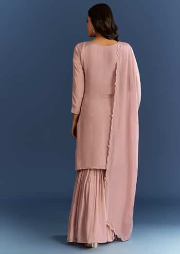 Dusty Rose Pink Chinon Kurta Set With Cutdana Embroidered Sharara