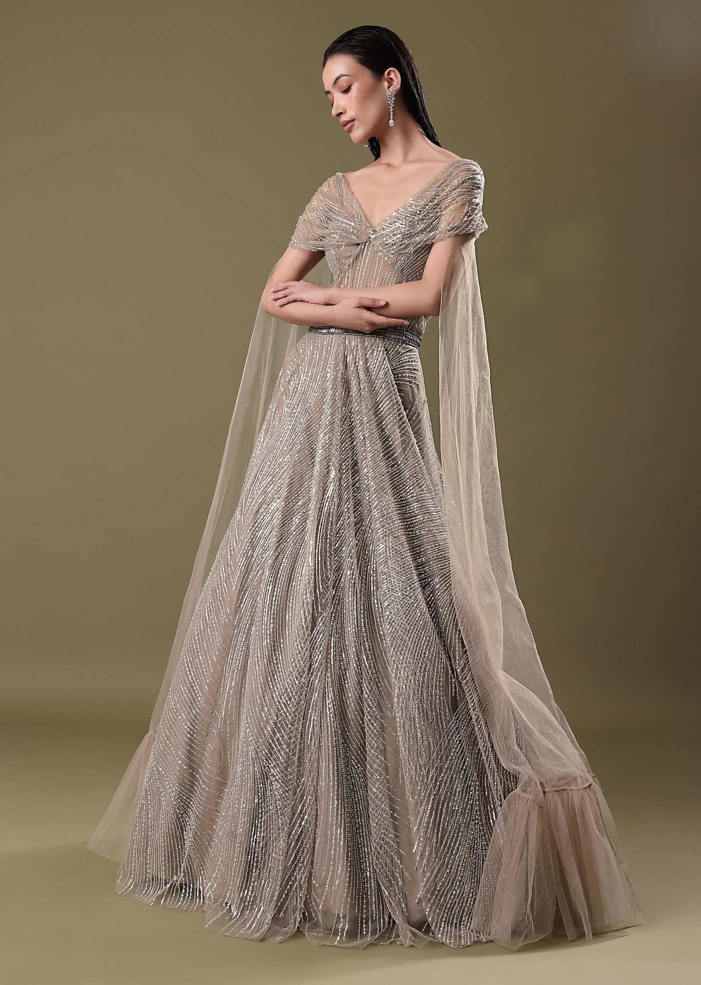 Dusty Beige Embroidered Gown With Cowl Sleeves