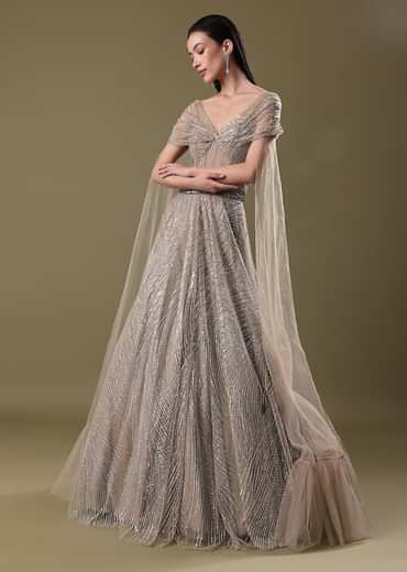 Dusty Beige Embroidered Gown With Cowl Sleeves