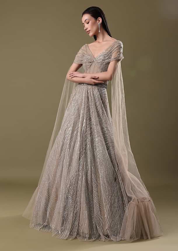 Dusty Beige Embroidered Gown With Cowl Sleeves