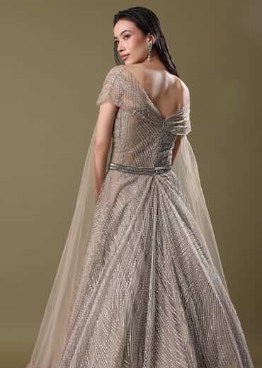 Dusty Beige Embroidered Gown With Cowl Sleeves