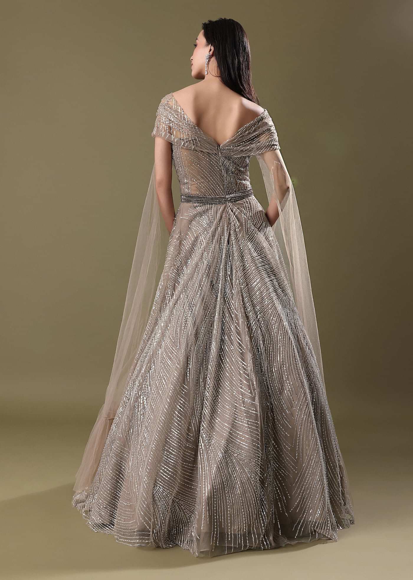 Dusty Beige Embroidered Gown With Cowl Sleeves