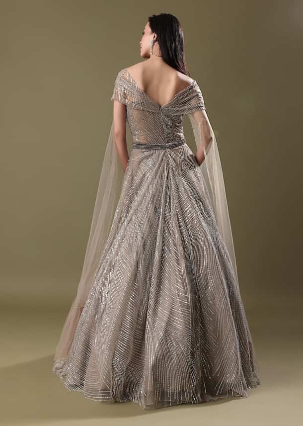 Dusty Beige Embroidered Gown With Cowl Sleeves