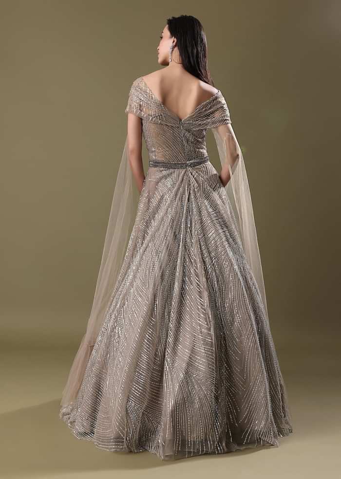Dusty Beige Embroidered Gown With Cowl Sleeves