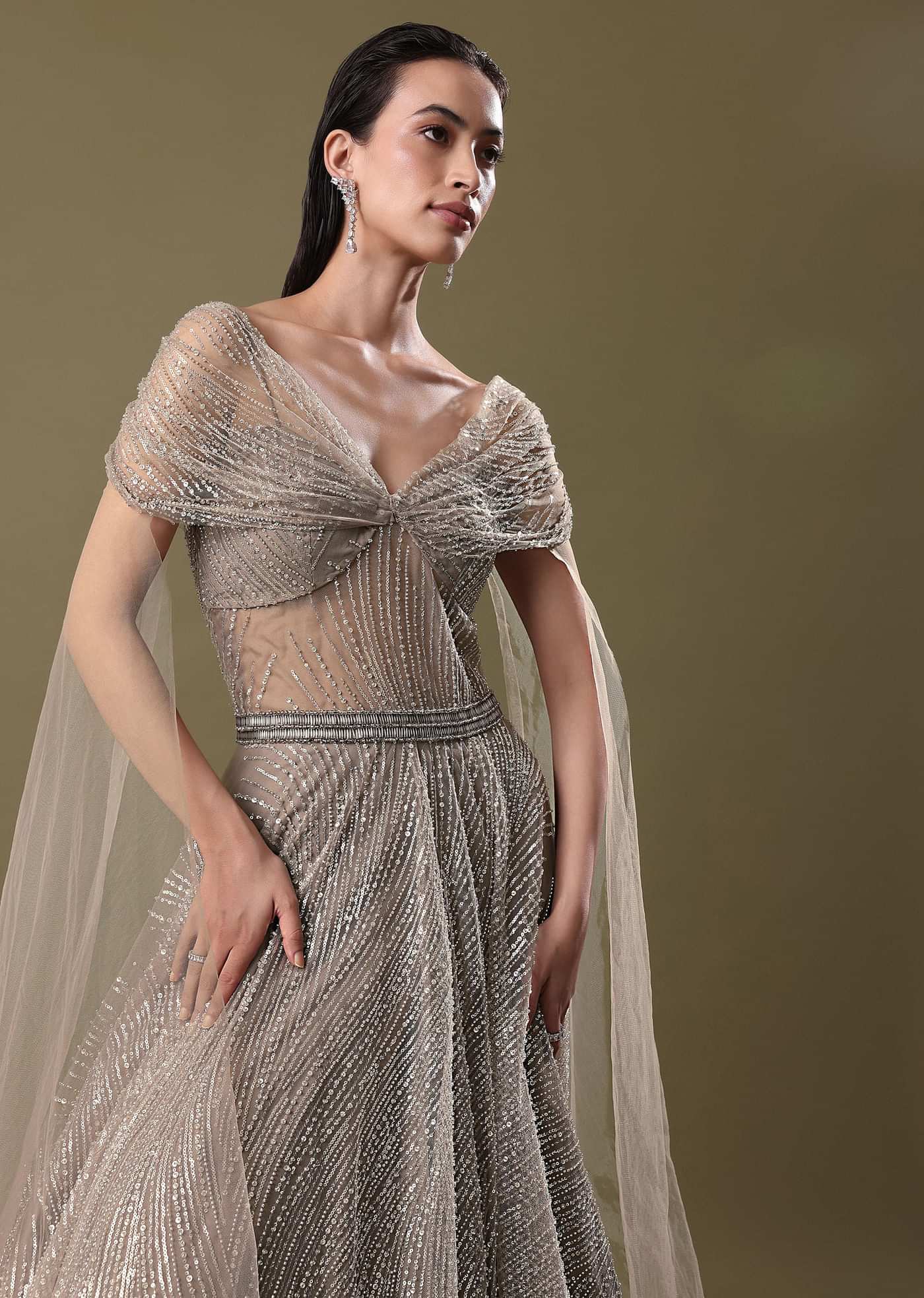 Dusty Beige Embroidered Gown With Cowl Sleeves