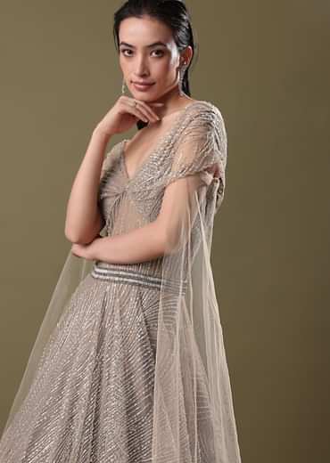 Dusty Beige Embroidered Gown With Cowl Sleeves