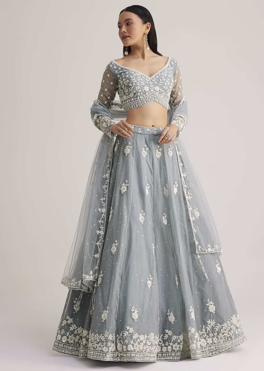 Dusty Blue Embroidered Lehenga Set With Sheer Dupatta