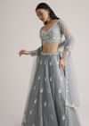 Dusty Blue Embroidered Lehenga Set With Sheer Dupatta