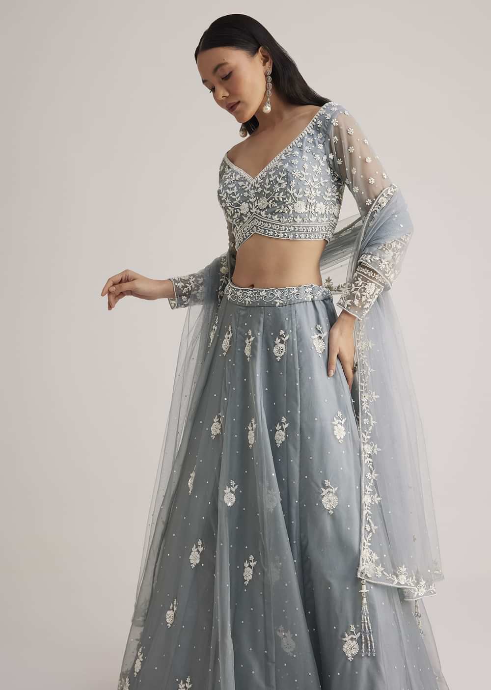 Dusty Blue Embroidered Lehenga Set With Sheer Dupatta