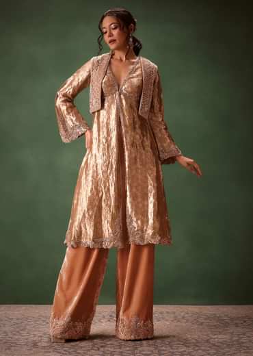 Dusty Brown Brocade Anarkali Style Kurti With Crop Jacket And Straight Flared Pant