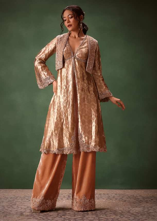 Dusty Brown Brocade Anarkali Style Kurti With Crop Jacket And Straight Flared Pant