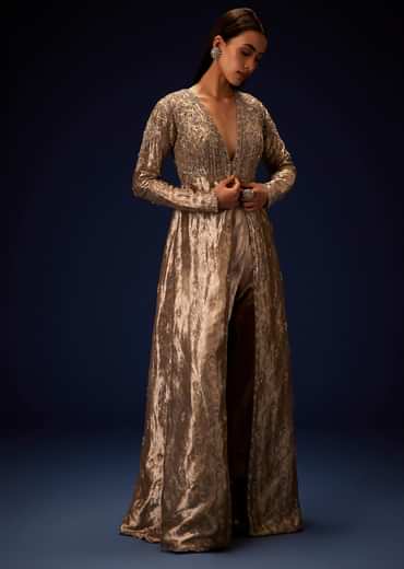 Dusty Brown Brocade Embroidered Long Jacket With Pencil Pant