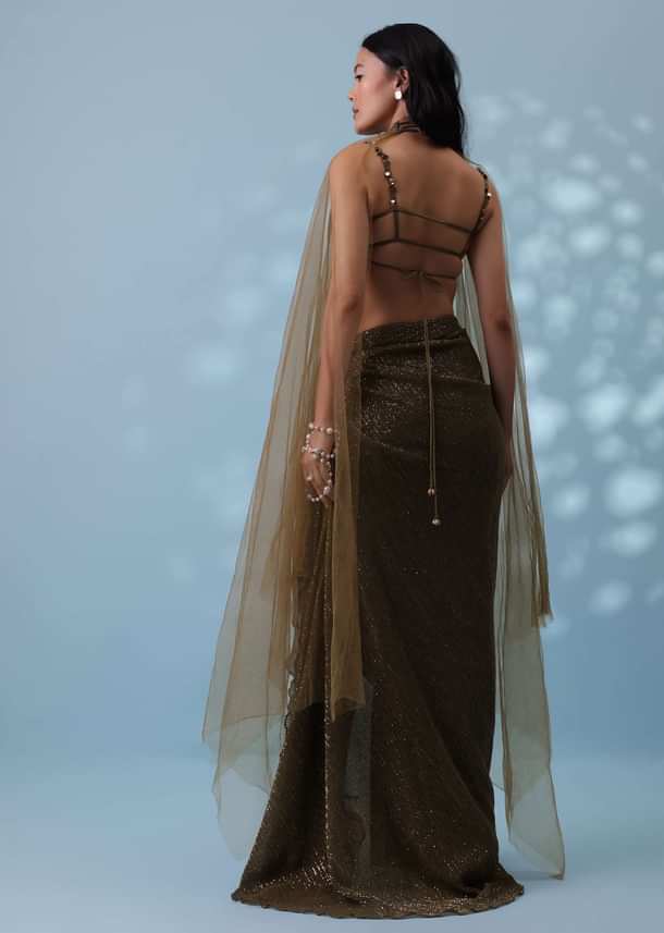 Dusty Brown Embroidered Indowestern Drape Skirt And Blouse In Lycra Sequins With Matching Choker