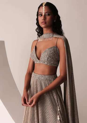 Dusty Copper Gold Embroidered Lehenga Set In Knit Strechable & Sequins Fabric