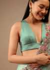 Dusty Jade Blouse In Satin With Plunging Geometric Neckline And Criss Cross Straps On The Back