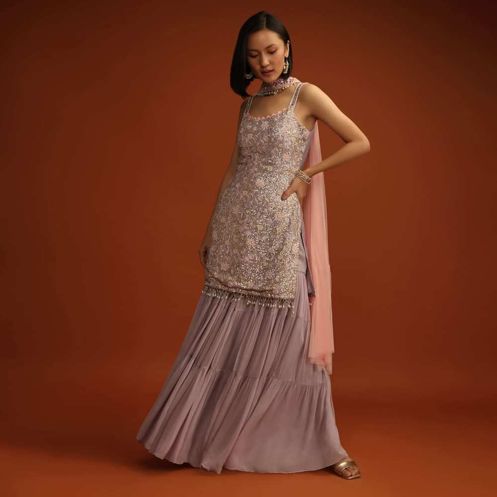 Dusty Lavender Sharara Suit In Georgette With Pastel Colored Resham And Sequins Embroidered Jaal And Cut Dana Fringes