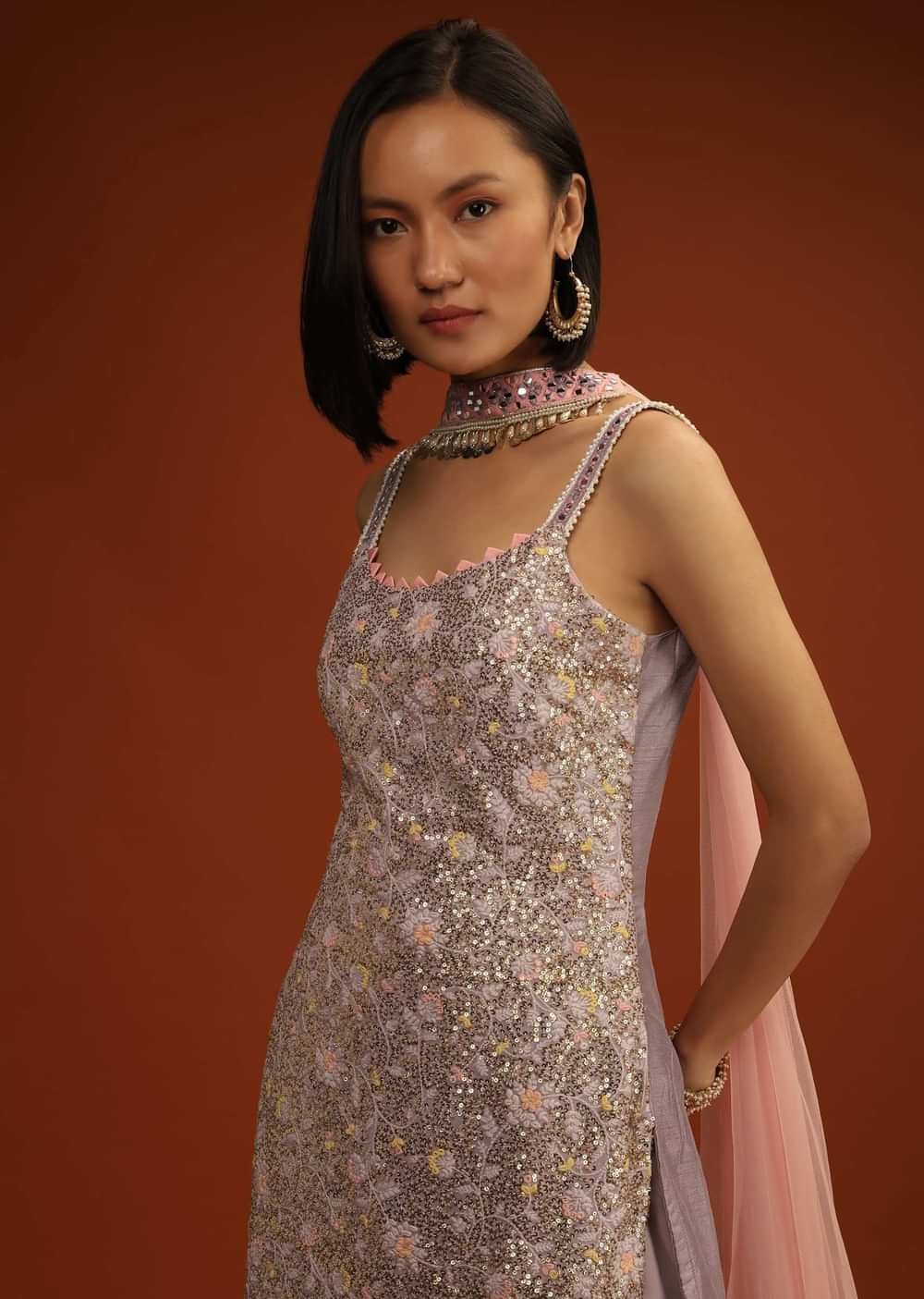 Dusty Lavender Sharara Suit In Georgette With Pastel Colored Resham And Sequins Embroidered Jaal And Cut Dana Fringes