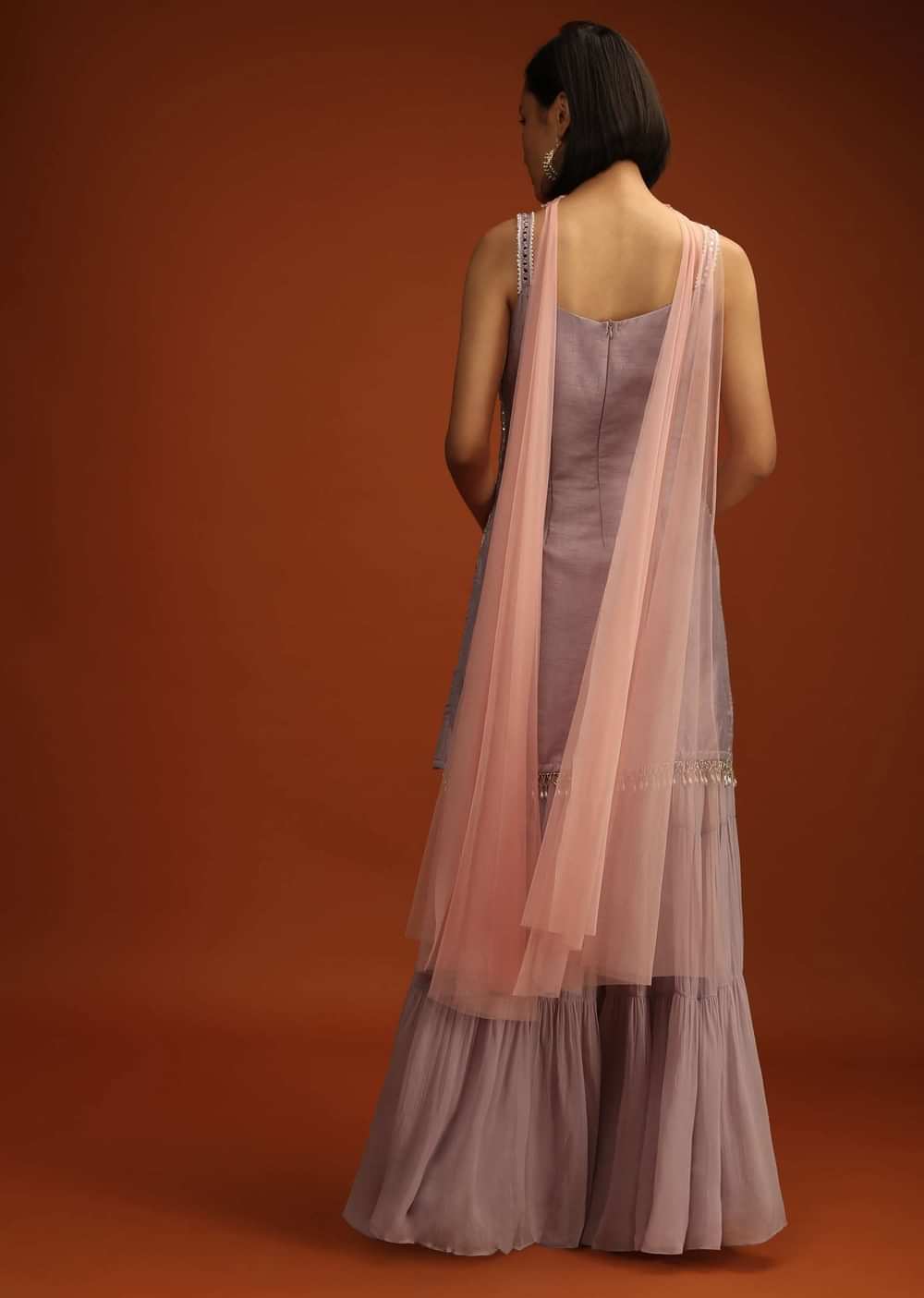Dusty Lavender Sharara Suit In Georgette With Pastel Colored Resham And Sequins Embroidered Jaal And Cut Dana Fringes