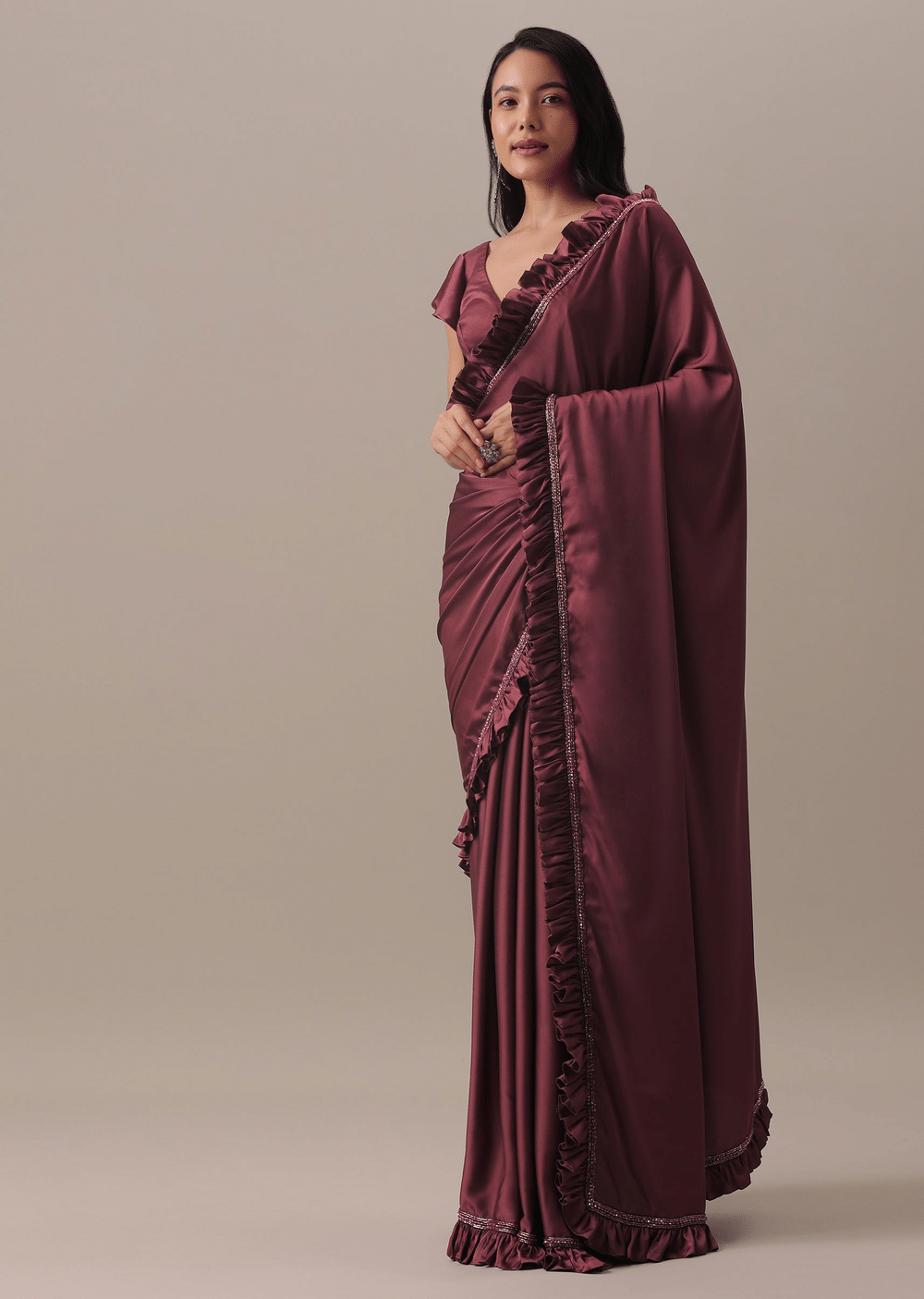 Dusty Maroon Satin Saree With Frilled Sleeved Blouses