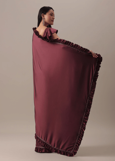 Dusty Maroon Satin Saree With Frilled Sleeved Blouses