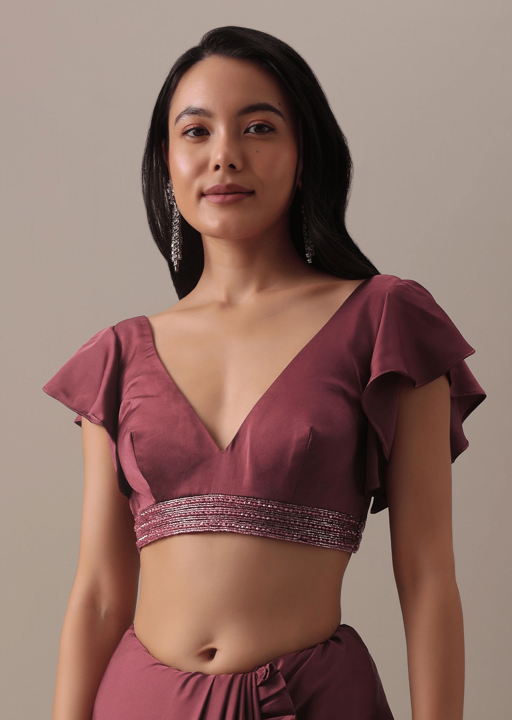 Dusty Maroon Satin Saree With Frilled Sleeved Blouses