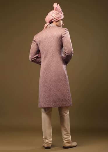 Dusty Pink Purple Thread Embroidered Sherwani Set In Silk