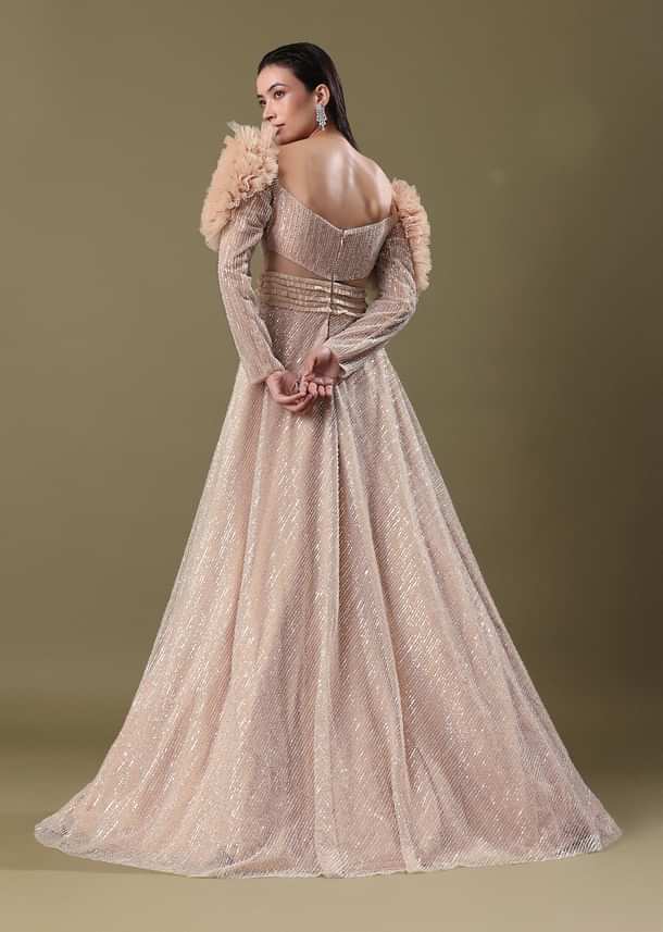 Dusty Peach Embroidered Ruffle Sleeve Gown Kalki