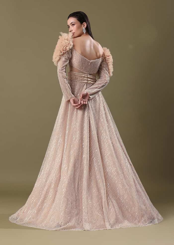 Dusty Peach Embroidered Ruffle Sleeve Gown Kalki