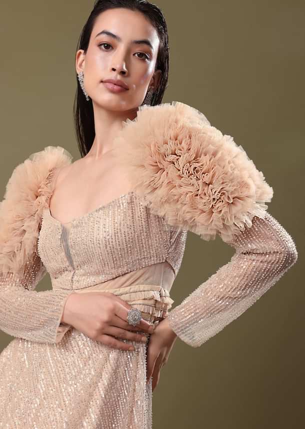 Dusty Peach Embroidered Ruffle Sleeve Gown Kalki