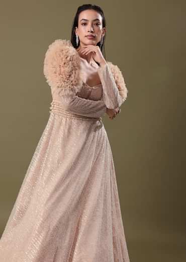 Dusty Peach Embroidered Ruffle Sleeve Gown Kalki