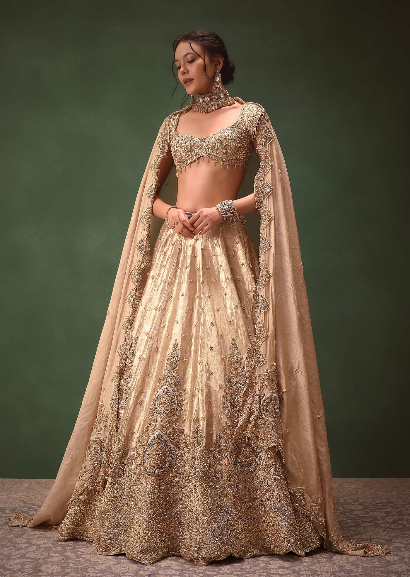Dusty Pink Brocade Hand Embroidered Bridal Lehenga With Two Dupattas