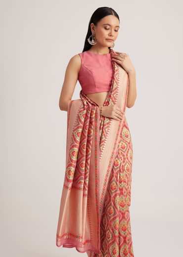 Dusty Pink Khaddi Georgette Saree With Floral Woven Motifs