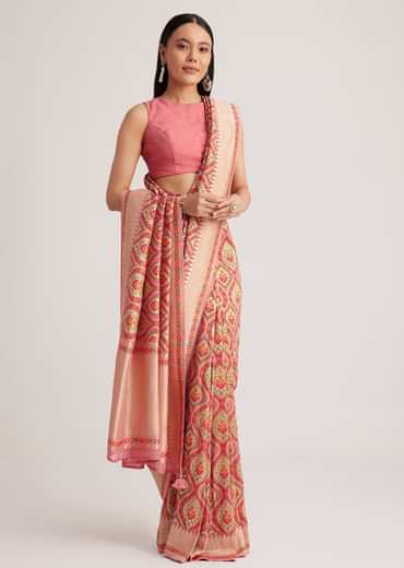 Dusty Pink Khaddi Georgette Saree With Floral Woven Motifs